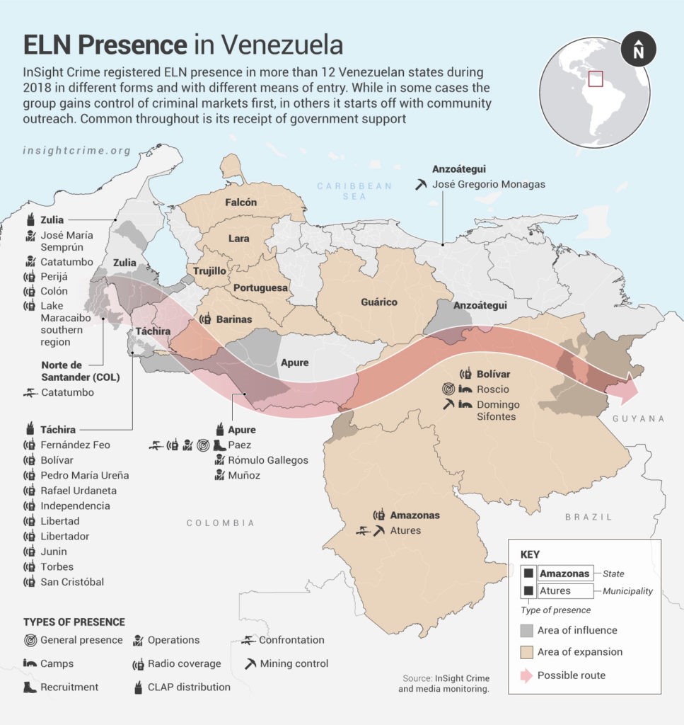 The image is a map of the National Liberation Army (Ejército de Liberación Nacional —ELN) presence in Venezuela, prepared by Insight Crime and published on March 11, 2019.